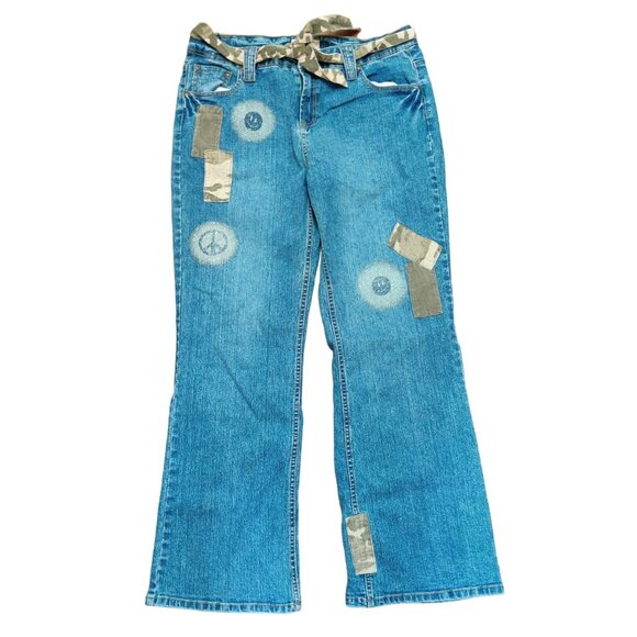 Vintage Faded Glory Girls Plus Jeans Flare Leg Camo Patch y2K Denim Blue Sz 16.5 - Picture 7 of 11